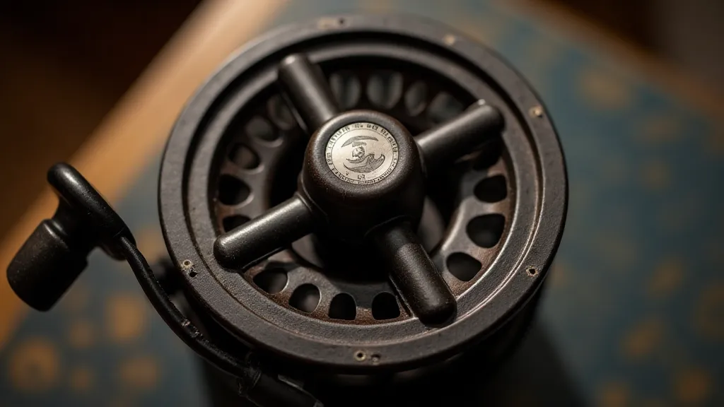 Top-down view of a Conibear reel showcasing its unique lever-drag mechanism and classic design.