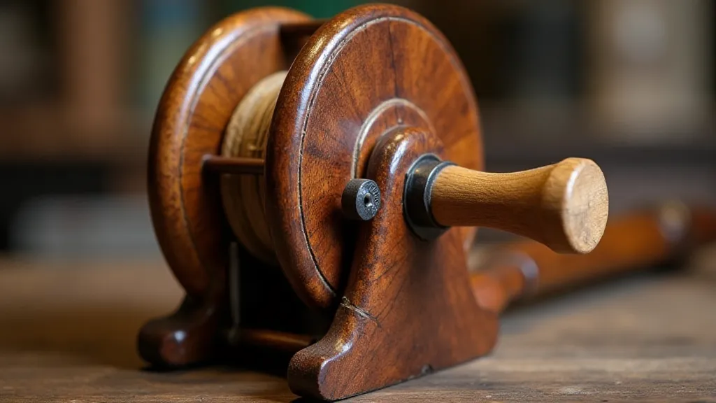Close-up of a Hardy reel handle, showcasing its wooden construction and intricate wrapping.