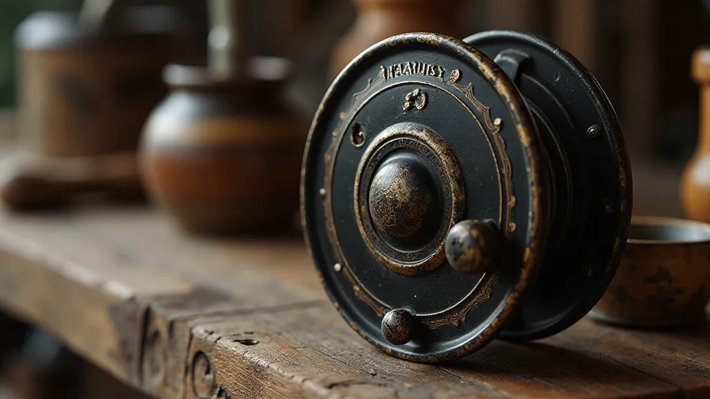 Vintage Hardy reel on a workbench