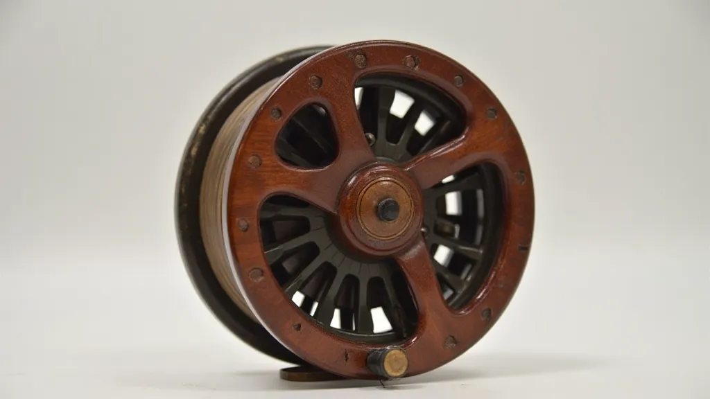 Side view of an antique Orvis bamboo fly reel, highlighting its traditional shape and wood handle.