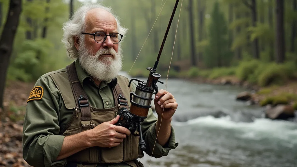 Amos G. Spofford holding a vintage fishing reel by a flowing river.