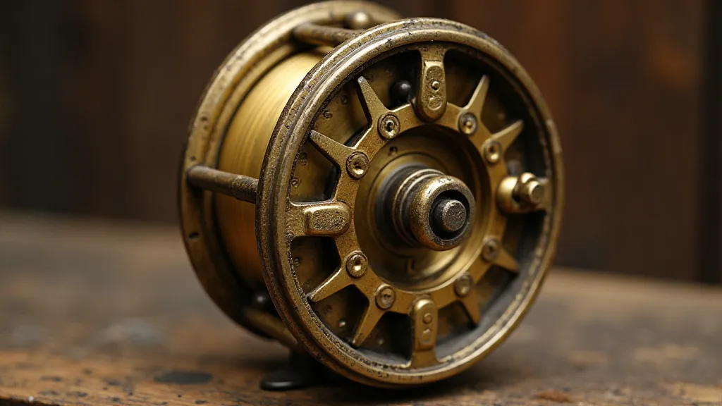 Close-up of a vintage Amos G. Spofford fishing reel.