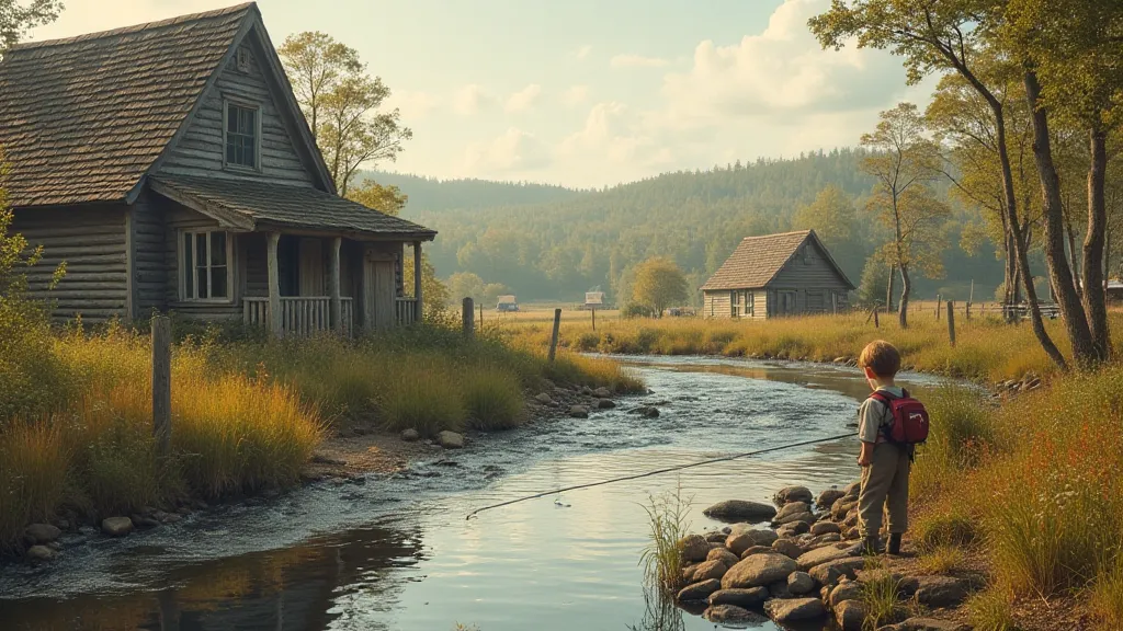 Young boy fishing in a Vermont stream in the 1850s.