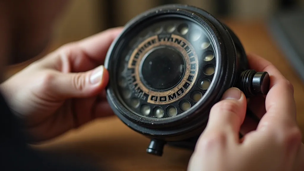 A person examining a vintage fishing reel with a magnifying glass.
