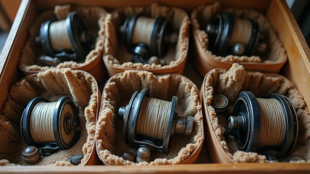 Vintage fishing reels stored in custom boxes lined with foam.